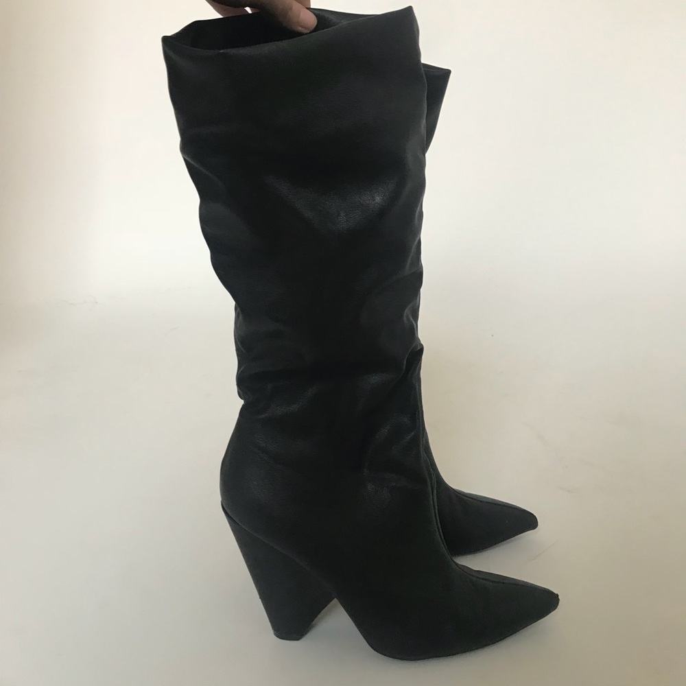 Vegan Leather Pointed Toe Scrunchy Heeled Boots
